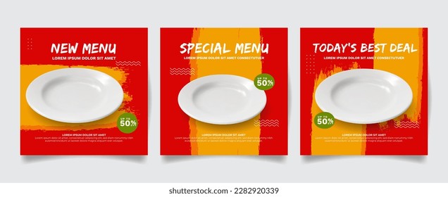 social media post template for food promotion, vector illustration with white plate red background and orange brush style