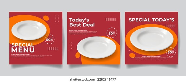 social media post template for food promotion  with red and orange background white plate vector illustration