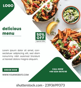 Social media post template for food menu promotion banner frame.Editable Food and Restaurant Social Media Post Template Design. Social media banner for food business. Green color social media poster.
