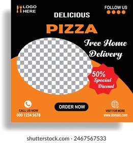 Social media post template for food promotion, Delicious pizza promotion banner, editable square banner template design for food post