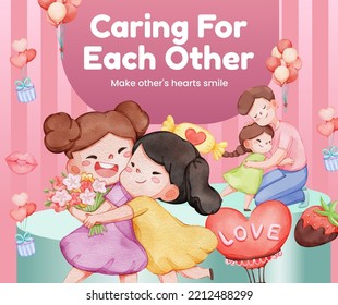 Social media post template with girl child hug with love concept,watercolor style