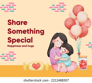 Social media post template with girl child hug with love concept,watercolor style