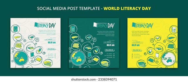 Social media post template with globe and book in ornamental design for international literacy day