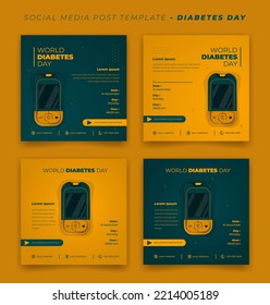 Plantilla de post en medios sociales con glucómetro en amarillo y verde para el Día Mundial de la Diabetes