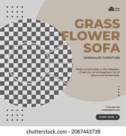 social media postea plantilla de sofá de flores de césped con un concepto de mobiliario milimalí que da la impresión de un confort interminable