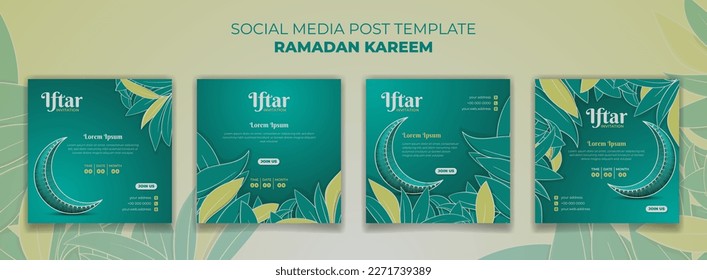 Social media post template in green background with crescent moon for ramadan kareem design
