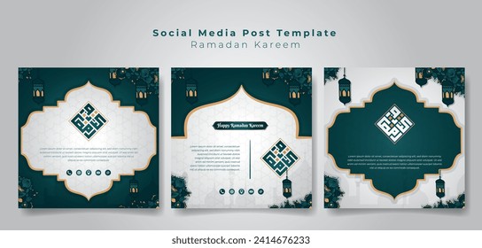 Social media post template in green white and ornamental background with arabic kufi text style that mean is ramadan kareem, Good template for ramadan sale advertising