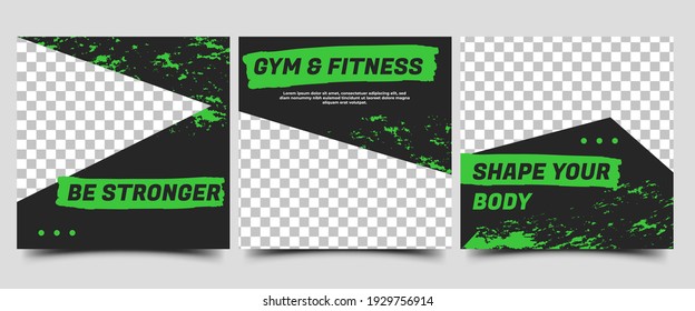 Social media post template for gym and fitness. Vector design with photo collage. Usable for social media, flyers, banners, and web internet ads.