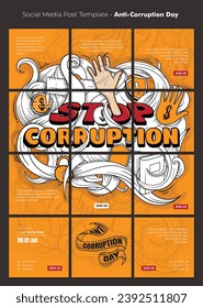 Social media post template with hand and typography design for world anti-corruption day campaign