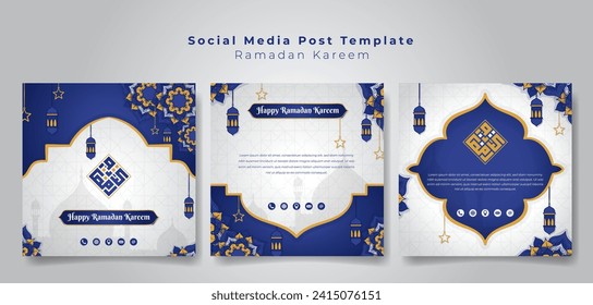 Plantilla de publicación de medios sociales con fondo islámico morado y blanco pintado a mano, texto árabe con estilo kufi que significa que es ramadan kareem para el diseño publicitario ramadan kareem