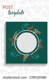 Social media post template with hand-drawn floral elements. Vector illustration