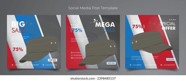 Social media post template with hat and blue red white geometric background for advertising design