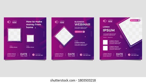 Social Media Post Template, 
How To Get Money From Home. Set Of Business Webinar Vector Graphics, Dark Purple Background