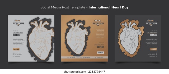 Social media post template with human heart in gold color for world heart day campaign design