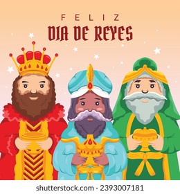 Social media post template illustration of three kings characters for Feliz Dia de Reyes greeting