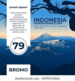 Social Media Post Template For Indonesia Independence Day with Sunrise of Mount Bromo Background and Tree Foreground.