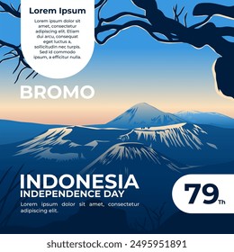 Social Media Post Template For Indonesia Independence Day with Sunrise of Mount Bromo Background and Tree Foreground.