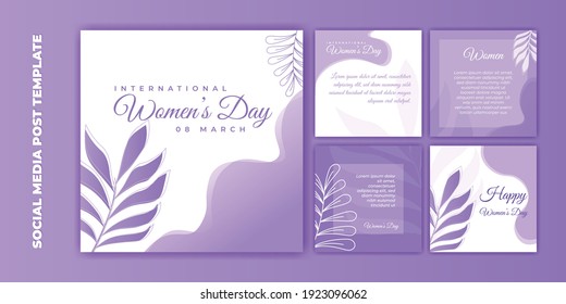 Plantilla de publicación de medios sociales. Diseño de pancartas en el Día Internacional de la Mujer. Conjunto de plantillas de medios sociales con diseño femenino violeta. Buena plantilla para la plantilla de publicidad en línea.