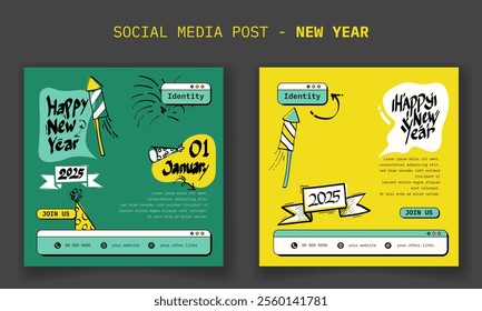 Social media post template with line art typography design of happy new year in green yellow background. new year template design