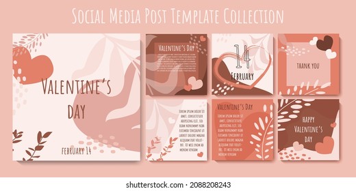 Social media post template love collection. Valentine's Day banner design in pastel pink colors. Set of square trendy templates perfect for greeting cards, story, web internet ads. Vector illustration