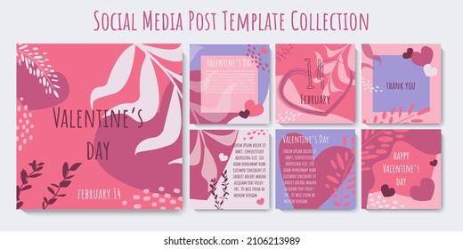 Social media post template love collection. Valentine's Day banner design in blue and pink colors. Set of square trendy template perfect for greeting card, story, web internet ads. Vector illustration