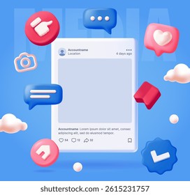 Social media post template. Marketing banner with mockup of online publication surrounded by likes, reactions and thumbs up. Advertising and promotion. 3D vector illustration in plasticine style