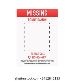 Social Media Post Template for Missing Person Search. Flyer Person Search. Man lost banner design. Vector illustration