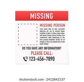 Social Media Post Template for Missing Person Search. Flyer Person Search. Man lost banner design. Vector illustration