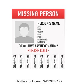 Social Media Post Template for Missing Person Search. Flyer Person Search. Man lost banner design. Vector illustration