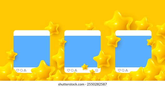 Social media post template mockup. Flying 3d stars background with social media post frame. Blog frame templates with like, comment and share icons. Best post review. Vector illustration