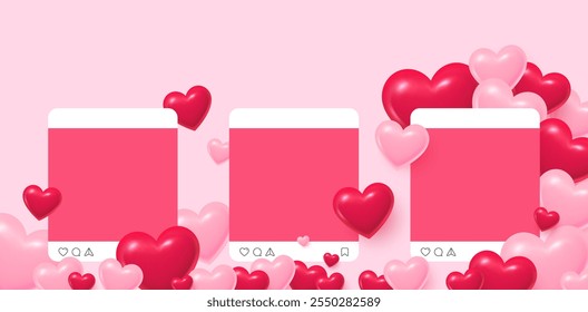 Social media post template mockup. Flying 3d hearts background with social media post frame. Blog frame templates with like, comment and share icons. Valentines day love post. Vector illustration