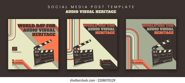 Social media post template with movie clapper and retro background design