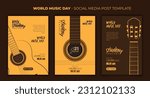 social media post template for music day with acoustic guitar background in yellow and brown design