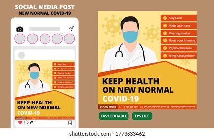 Plantilla de publicación de medios sociales Nueva norma normal Covid-19 para anuncio sobre protocolo de salud