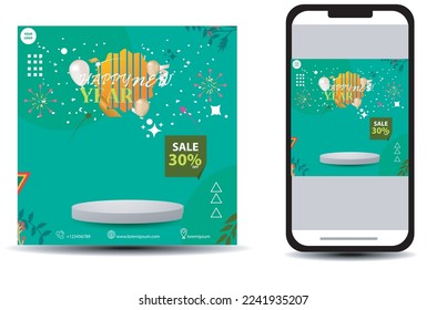 Social Media-Post-Vorlage für Werbung für das neue Jahr mit Handy-Mock-up und Podium für Produktpräsentation