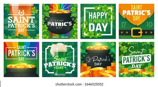 Social Media post template on theme St. Patrick's Day. Set of banners square shape on theme Patrick's Day. Design of advertising in social networks. Promotion vector illustration