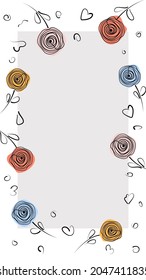 Social media post template with painted flowers. Outline of black abstract flowers drawn with one solid line. Sketch drawing