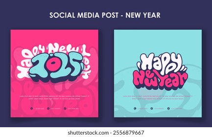 Social media post template with pink and blue with cartoon typography design. good template for new year celebration