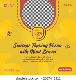 plantilla de publicación en medios sociales Pizza Topping Sausage con hojas de la Fábrica de la Moneda