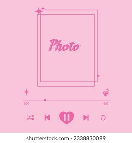 Social media post template with playlist photo frame in pink colors in doll style.  Frames, stars, things for posts with doll theme. Doll concept.