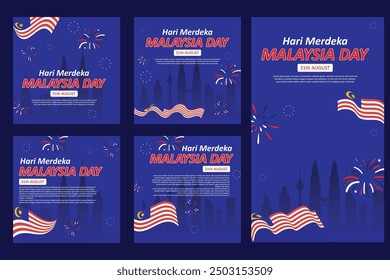 Social media post template and poster for Malaysian Independence Day. with flags, buildings and firecrackers. 
