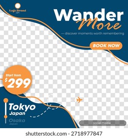 Publicación en las redes sociales de una Plantilla que promociona viajes a Tokio y Osaka, Japón, con el lema 'Wander More', una llamada a la acción y una oferta especial de Precio.