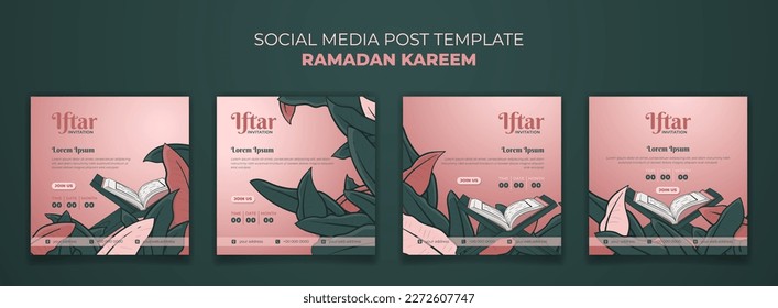 social media post template with qur'an and green leaves background in hand drawn design