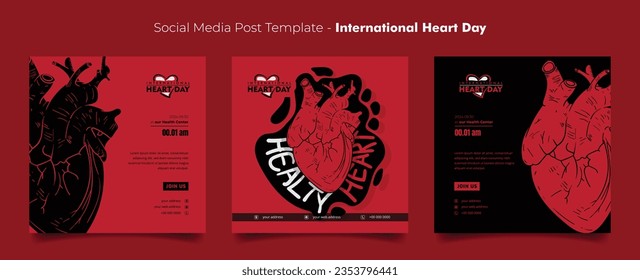 Plantilla de publicación de medios sociales en fondo rojo con ilustración del vector del corazón mundial