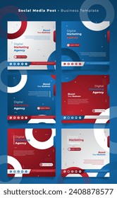 Plantilla de publicación en medios sociales con fondo blanco azul rojo con diseño de círculo para marketing de negocios