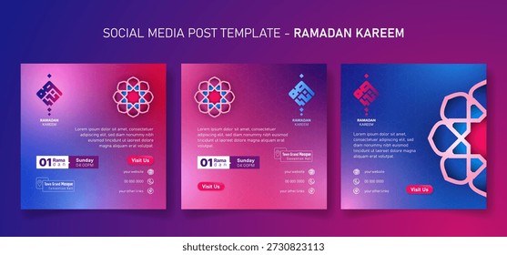 Plantilla de publicación de redes sociales en diseño rojo y azul para ramadán kareem. diseño de fondo femenino simple. fondo geométrico islámico. media de texto árabe es ramadán.