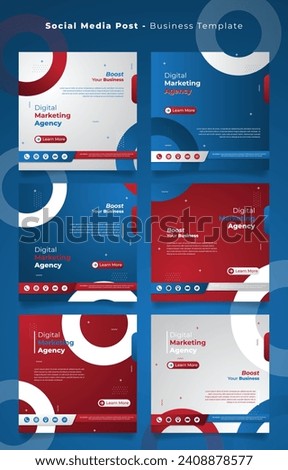Social media post template in red blue white background with circle design for business marketing