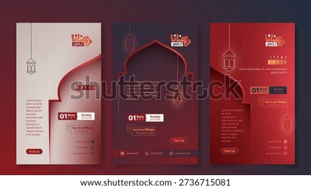 Social media post template in red background with mosque arch and line art of lantern design. islamic banner template. arabic text mean is ramadan kareem