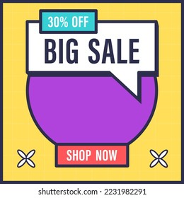 Social media post template in retro design style. Feed template with big sale text.