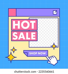 Social media post template in retro design style. Feed template with hot sale text.